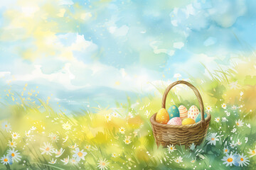 Watercolor illustration in the style of children's drawings with a basket with Easter eggs on a natural background with grass and flowers. Lots of negative space. Easter background. - 784639363