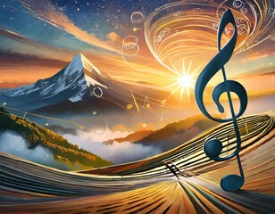 Treble clef and swirly staff with musical notes against sunset sky, banner design