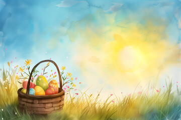 Watercolor illustration in the style of children's drawings with a basket of Easter eggs in a meadow with grass and flowers against the sky. Lots of negative space. Easter background. - 784639376