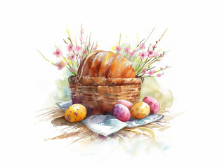 The watercolor illustration features an Easter kulich in a wooden basket, and painted eggs and tree branches with flowers on a white background. - 784639378