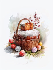 In the watercolor illustration, an Easter kulich lies in a wooden basket among painted eggs and tree branches with flowers on a white background. - 784639382
