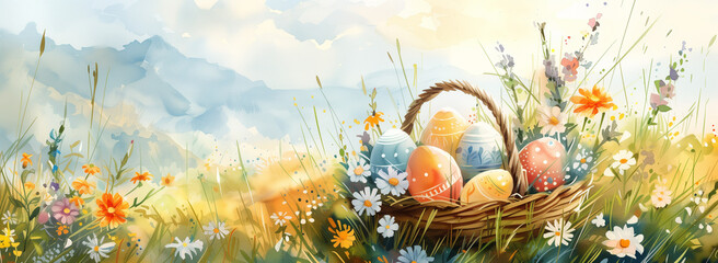 Watercolor illustration in the style of children's drawings with a basket of Easter eggs in a meadow with grass and flowers against the sky. Lots of negative space. Easter background. - 784639387