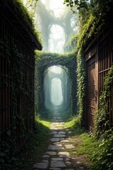 3d rendering of a fantasy doorway portal framed by green vines leading into a idyllic garden. Generative A - 784639396