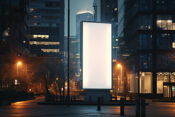 Mockup. Blank white vertical advertising banner billboard stand on the sidewalk at night in front of city street