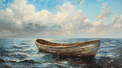 Oil painting of a boat, wallpaper, The beauty of old vehicles on the surface of the water