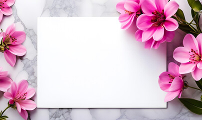 Beautiful work decorated with a blank page and pink flowers on a white marble top view. Copy-space, place for your lettering.