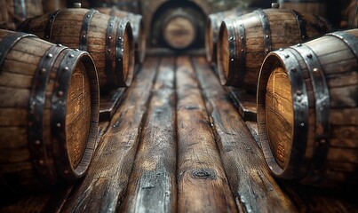 Background of stacked wooden storage barrels. - obrazy, fototapety, plakaty