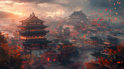 Chinese ancient city, bright atmosphere, bird's-eye view, details, fantasy, brilliant lighting...
