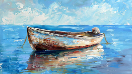 Oil painting of a boat, wallpaper, The beauty of old vehicles on the surface of the water