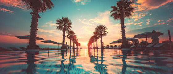 Resort swimming pool at sunset, tranquil holiday destination with palm trees and lounge chairs