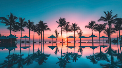 Fototapeta na wymiar Poolside sunset with palm tree silhouettes and vibrant sky reflections. Serene holiday resort view as the sun dips below the horizon