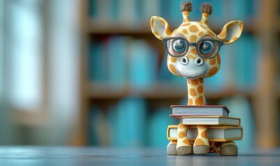 3D illustration of a giraffe with books.