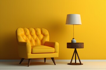  yellow monochrome interior with soft armchair and coffee table, generated by AI.