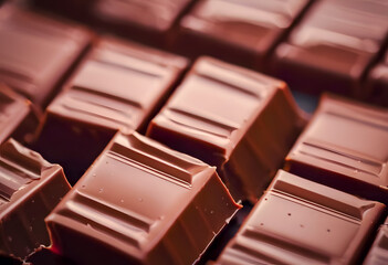 Close-up of a bar of milk chocolate with individual segments, highlighting its smooth texture and...