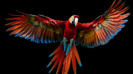 A colorful macaw in flight, showcasing its wingspan - obrazy, fototapety, plakaty