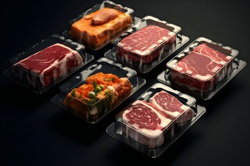 sealed plastic trays with different types of meat. Collection of packaging template mockups,  generated by AI