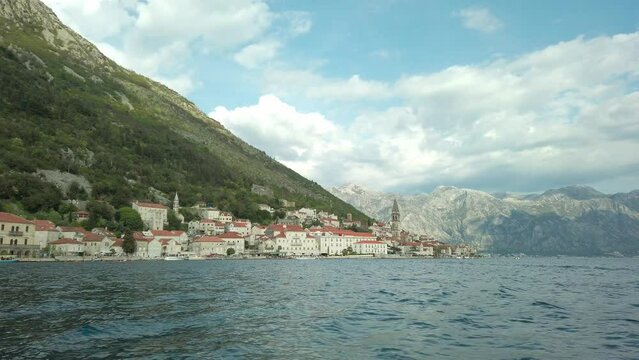 View from the water to the Old Town of Perast in Montenegro, Bay of Kotor