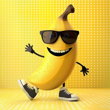 A cheerful cartoon banana wearing sunglasses and shoes on a dotted yellow background