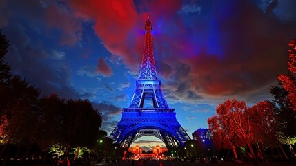 Eiffel Tower illuminated with the colors of France at night. opening of the Paris Olympic Games