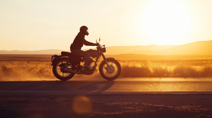 Obraz premium photo of man riding a vintage motorbike on a road, side view, silhouette, in desert, warm colors, dreamy, sunlight