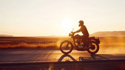 photo of man riding a vintage motorbike on a road, side view, silhouette, in desert, warm colors, dreamy, sunlight