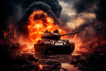 War tank in the middle of the battlefield, fire and explosions behind the tank. Generative AI	