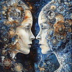Artistic representation of a female and male head with a complex network of mechanical and abstract elements depicting thoughts
