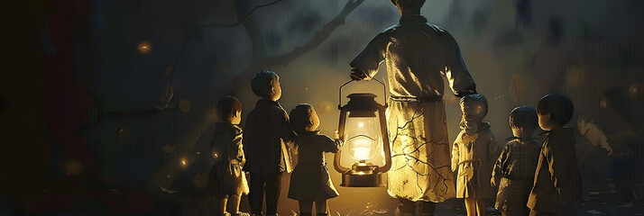 A man is holding a lantern and standing in front of a group of children. The scene is dark and mysterious, with the lantern providing a warm and comforting glow - obrazy, fototapety, plakaty