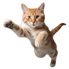 A cat is leaping through the air with its legs outstretched on isolated with transparent concept