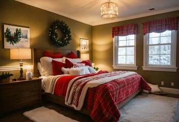 Beautiful Christmas bedroom facing facing forward. Bed facing forward. Christmas bedspread. Window in the back with snow falling outside. Full image