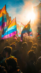 Political Rally of Far Left with Trans and Gay Rights Flags in Crowd
