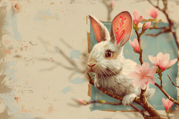 A rabbit is sitting on a branch of a tree with pink flowers - 784641972