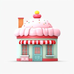 A cartoon house that is shaped like a cupcake, complete with pink frosting and sprinkles.