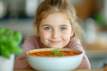 Portrait of a little girl sitting in the kitchen with a bowl of borscht