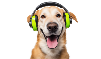 Dog wearing green headphones is smiling with its tongue out isolate on transparent background, cutout, png
