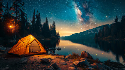 A tent is set up on a beach at night. The sky is dark and the stars are shining brightly. The scene is peaceful and serene, with the sound of the waves in the background