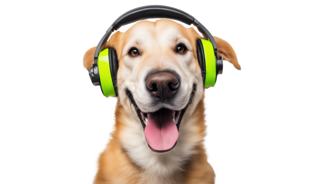 Dog wearing green headphones is smiling with its tongue out isolate on transparent background, cutout, png