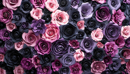 A wall of roses in shades of pink, purple and black