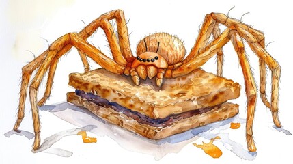 Delightfully Creepy Spider Shaped S mores Treat in Watercolor on Isolated White Background - obrazy, fototapety, plakaty