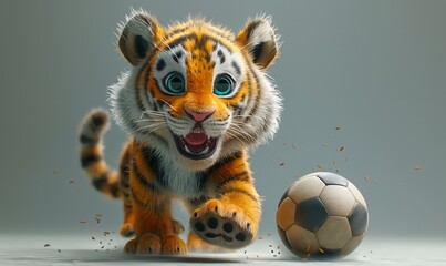 Fototapeta na wymiar 3D illustration of a tiger playing football.