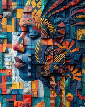 A stunning and colorful cubist-style mural that artistically fragments and reassembles a woman's face.
