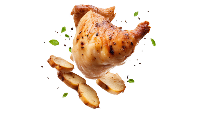 Chicken half floating in mid air isolate on transparent background, cutout, png