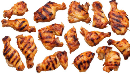 Set of various cuts of grilled chicken isolate on transparent background, cutout, png