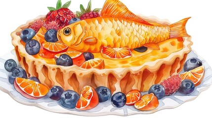 Exquisite Watercolor Illustrated Fishy Fruit Tart Delectable Dessert Displayed on White Background