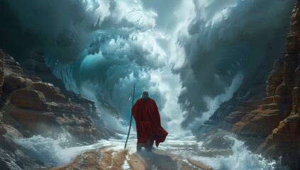 Moses separate the sea in exodus. Israelites crossing the red sea. Biblical and religion illustration. Happy Passover, Pesah
