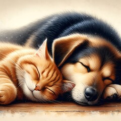  A cat and a dog peacefully slumber side by side, embodying the bond of love and friendship between different species, highlighting the joy