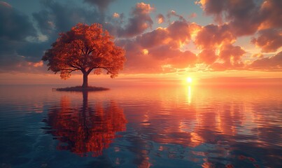 Lonely tree in the lake at sunrise.