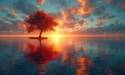 Lonely tree in the lake at sunrise. - obrazy, fototapety, plakaty