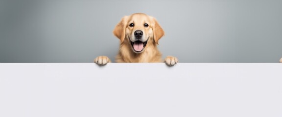 A golden retriever dog is holding a blank sign in its paws. The dog is smiling and looking up at...