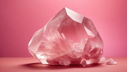 A delicate pink crystal with transparent edges showcasing sharp angles against a soft pink backdrop